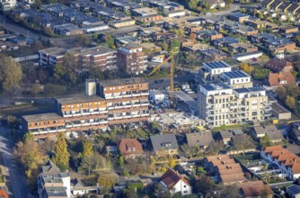 Aerial view, construction site, new building, Augenweide residential complex, condominiums and