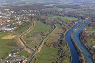 Aerial view, dam course, new Lippe dam, Lippe reconstruction Hamm, Lippe floodplain recreational
