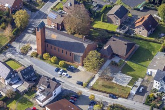 Aerial view, Catholic Church of the Holy Family, Rhynern, Hamm, Ruhr area, North Rhine-Westphalia,