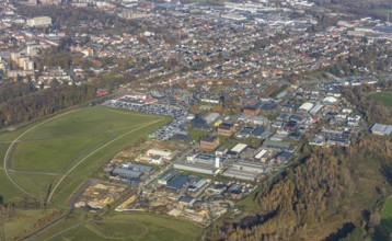 Aerial view, industrial area Radbod, former Radbod colliery, colliery towers, winding towers, car