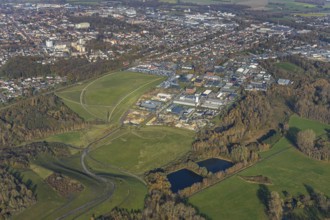 Aerial view, industrial area Radbod, former Radbod colliery, colliery towers, winding towers, car