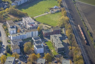 Aerial view, residential buildings construction site Röntgenstraße, Pelkum, Hamm, Ruhr area, North