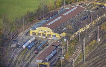Aerial view, railway hall, Rathenaustraße, shunting tracks, Pelkum, Hamm, Ruhr area, North
