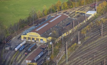 Aerial view, railway hall, Rathenaustraße, shunting tracks, Pelkum, Hamm, Ruhr area, North