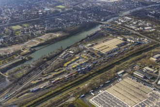 Aerial view, Rhine-Herne-Canal with coal storage, container terminal CTH, industrial area between