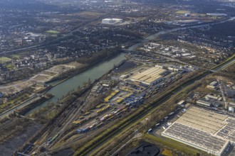 Aerial view, Rhine-Herne-Canal with coal storage, container terminal CTH, industrial area between
