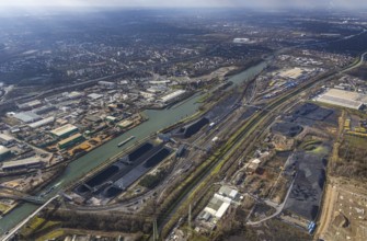 Aerial view, Rhine-Herne-Canal with coal storage, container terminal CTH, industrial area between