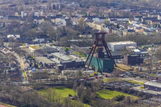 Aerial view, industrial area, former coal mine, double trestle winding tower of the former Pluto