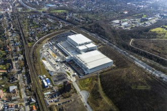 Aerial view, frozen food logistics company Nordfrost on the site of the former colliery Unser Fritz