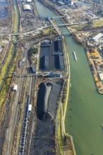 Aerial view, coal storage at the Rhine-Herne Canal, Herne, Ruhr area, North Rhine-Westphalia,