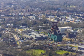 Aerial view, industrial area, former coal mine, double trestle winding tower of the former Pluto