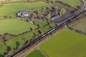 Aerial view, railway tracks, railway line, Pink Ponyhof riding school and Geue horse boarding,
