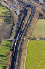 Aerial view, railway tracks, railway line, railway tracks at Rathenaustraße, Wiescherhöfen, Hamm,