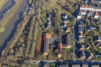 Aerial photo, Theodor-Heuss-Schule, River Lippe, Datteln-Hamm-Canal, Bad Hamm, Hamm, Ruhr area,