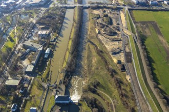 Aerial view, construction area Jupp-Eickhoff-Weg, river Lippe, Datteln-Hamm canal, Hamm, Ruhr area,