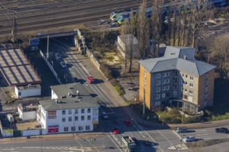 Aerial view, railway subway Kleine Alleestraße, dilapidated high-rise building on Kleine