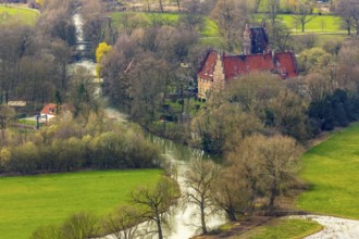 Aerial view, Schloss Heessen public school and boarding school, river Lippe, park, Hamm, Ruhr area,