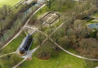 Aerial view, graduation house garden and graduation house in Hamm spa gardens, Bad Hamm, Hamm, Ruhr