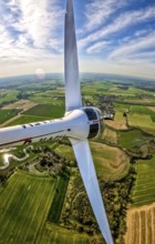 Aerial photo, Hamm-Uentrop, fisheye picture, view over the aeroplane, flight over fields,