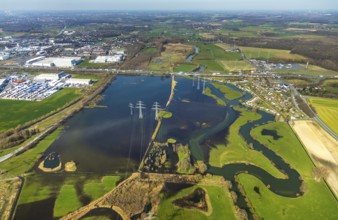 Aerial view, Flooded Lippe floodplain on the A2 motorway, electricity pylons, Uentrop campsite,