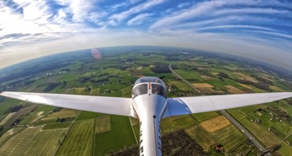 Aerial photo, Hamm-Uentrop, fisheye picture, view over the aeroplane, flight over fields,