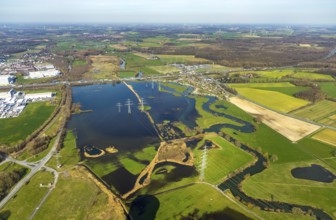 Aerial view, Flooded Lippe floodplain on the A2 motorway, electricity pylons, Uentrop campsite,
