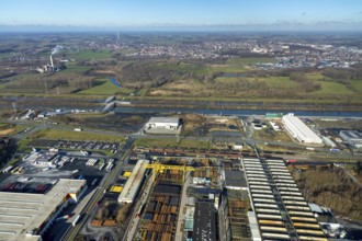 Aerial view, industrial area harbour Hamm between Hugo Schneider GmbH and Lanfer, Datteln-Hamm