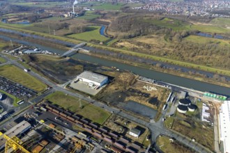 Aerial view, industrial area harbour Hamm between Hugo Schneider GmbH and Lanfer, Datteln-Hamm