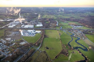 Aerial view, Lippe floodplain Uentrop, motorway A1, exit Uentrop, campsite Uentrop, Funke