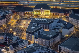 Aerial view, night view of Hamm main station, Bahbofsvorplatz, Hamm library, Platz der Deutschen
