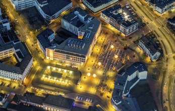 Aerial view, night view of Hamm main station, Bahbofsvorplatz, Hamm library, Platz der Deutschen