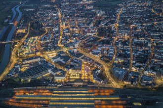 Aerial view, night view of Hamm main station, Bahbofsvorplatz, Hamm library, Platz der Deutschen