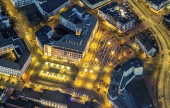 Aerial view, night view of Hamm main station, Bahbofsvorplatz, Hamm library, Platz der Deutschen