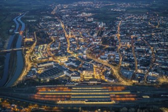 Aerial view, night view of Hamm main station, Bahbofsvorplatz, Hamm library, Platz der Deutschen