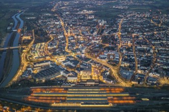 Aerial view, night view of Hamm main station, Bahbofsvorplatz, Hamm library, Platz der Deutschen