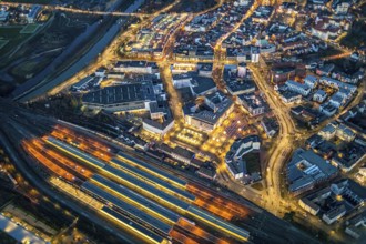 Aerial view, night view of Hamm main station, Bahbofsvorplatz, Hamm library, Platz der Deutschen
