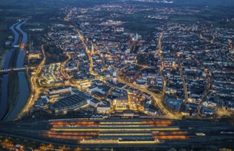 Aerial view, night view of Hamm main station, Bahbofsvorplatz, Hamm library, Platz der Deutschen