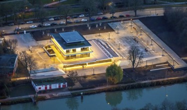Aerial view, water sports centre and the adjacent lock area, rowing club, water sports club,