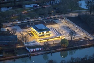 Aerial view, water sports centre and the adjacent lock area, rowing club, water sports club,