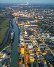Aerial view, Hammer harbour, Datteln-Hamm canal. River Lippe, Brökelmann + Co, Ölmühle und