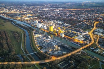 Aerial view, Hammer harbour, Datteln-Hamm canal. River Lippe, Brökelmann + Co, Ölmühle und