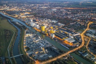 Aerial view, Hammer harbour, Datteln-Hamm canal. River Lippe, Brökelmann + Co, Ölmühle und