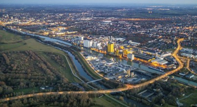 Aerial view, Hammer harbour, Datteln-Hamm canal. River Lippe, Brökelmann + Co, Ölmühle und