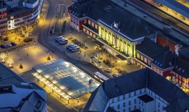 Aerial view, night view of Hamm main station, Bahbofsvorplatz, Hamm library, Platz der Deutschen