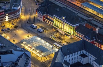 Aerial view, night view of Hamm main station, Bahbofsvorplatz, Hamm library, Platz der Deutschen