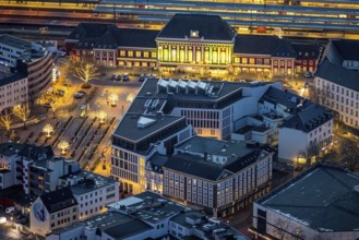 Aerial view, night view of Hamm main station, Bahbofsvorplatz, Hamm library, Platz der Deutschen