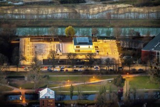 Aerial view, water sports centre and the adjacent lock area, rowing club, water sports facilities,