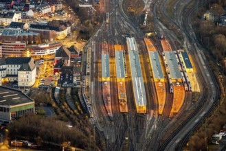 Aerial view, platforms Hamm main station, twilight shot, night shot, station forecourt, ICE line,