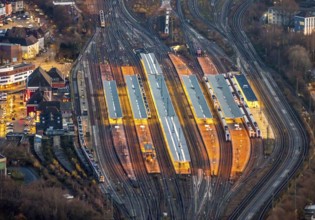 Aerial view, platforms Hamm main station, twilight shot, night shot, station forecourt, ICE line,