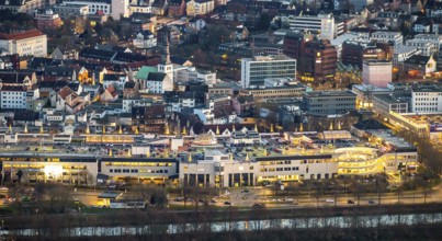 Aerial view, overview of Hamm at night, technical town hall, station forecourt, Alleecenter ECE,